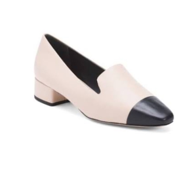 Veronica Beard Heels Cecile Block Heel Pump Loafer in Ecru Black Leather